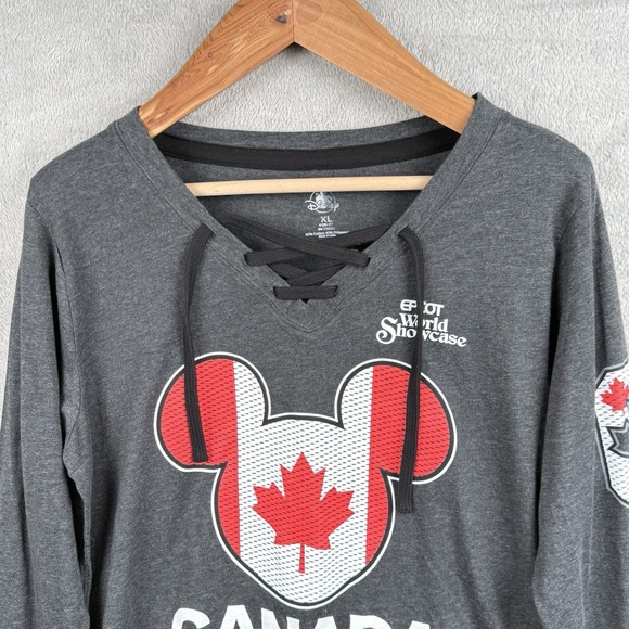 Disney Shirt Women XL Canada Mickey Epcot World Showcase Hockey Lace Up Neck L/S - Picture 3 of 9